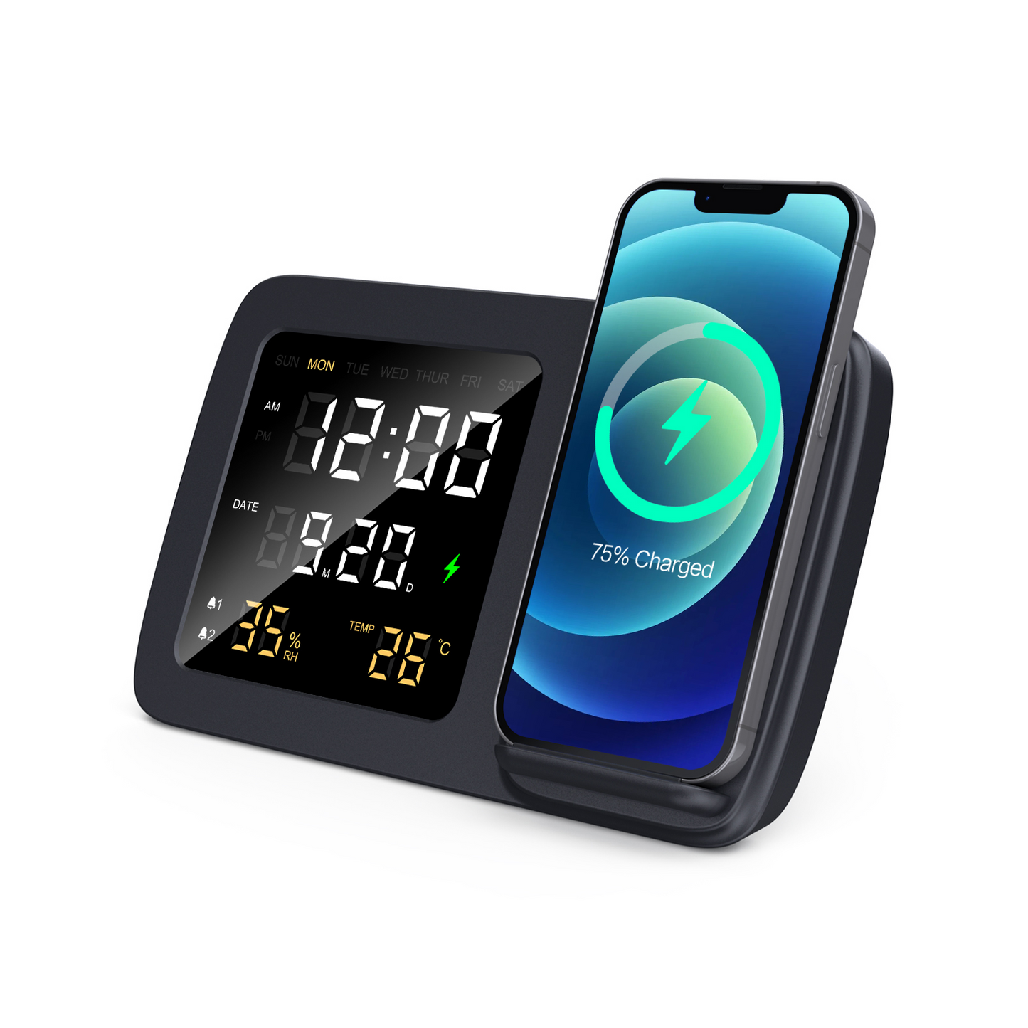 F13  Light Up Logo Digital Alarm Clock and Calendar Wireless Charging Stand 15W With Temperature & Humidity Display and Phone Stand