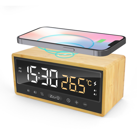 F11 Wireless Charging Desk Clock with Temperature Display Calendar Display and USB-A/C Output for Wired Charging