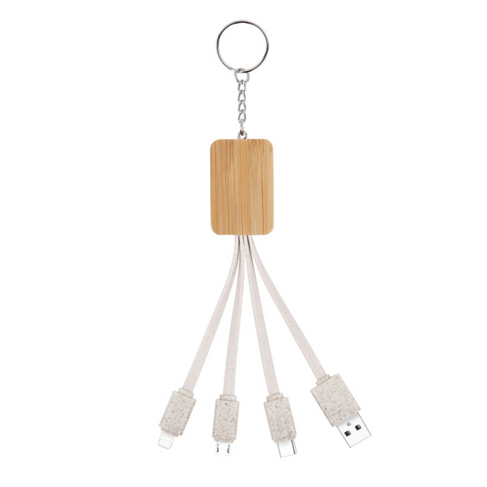 C107 Eco-friendly 3 in 1 Bamboo and Wheat Straw Charging Cable with Key Chain