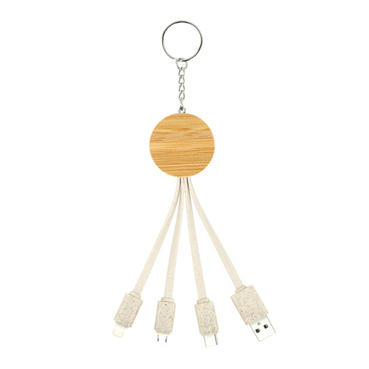 C112 Eco-friendly 3 in 1 Bamboo and Wheat Straw Charging Cable with Key Chain