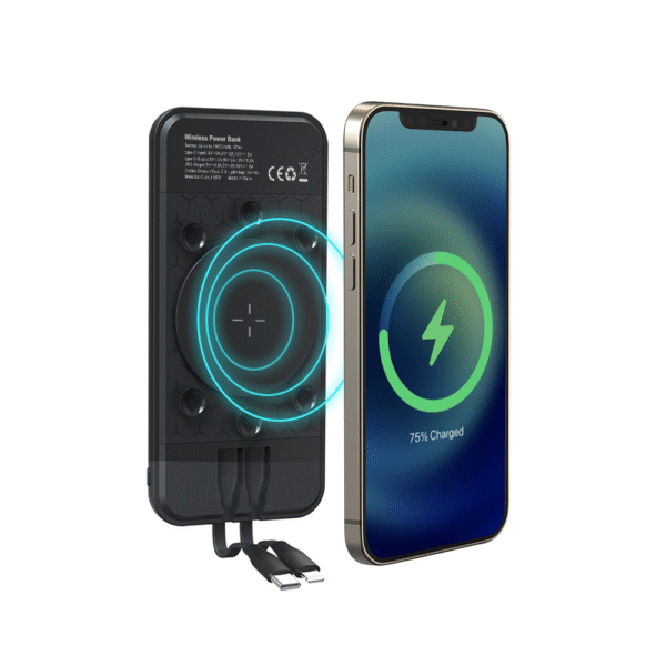 P211 10000mAh LCD Display Luminous Logo Sunction Cup Magnetic Wireless Charging Power Bank with Built-in Type-C & Lightning Cable and Ring Stand - Image 5