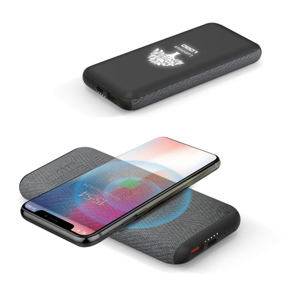 P207 PD/QC 22.5W 10000 Mah Linen PU Wireless Charger Power Bank With Light Up Logo - Image 4