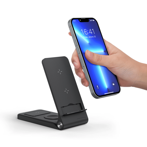 F15 Light Up Logo Folding 3 In 1 Wireless Charging Stand 15W for Mobile Phone Earphones Apple Watch With Hidden Phone Stand - Image 2