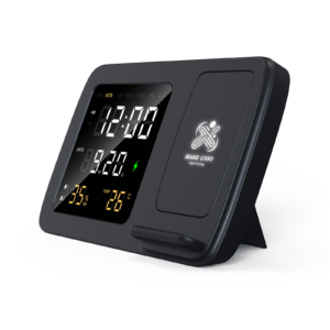 Light Up Logo Digital Alarm Clock and Calendar Wireless Charger Stand 15W With Temperature & Humidity Display and Phone Stand