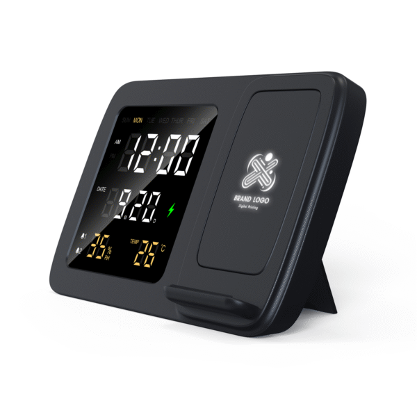 Light Up Logo Digital Alarm Clock and Calendar Wireless Charger Stand 15W With Temperature & Humidity Display and Phone Stand