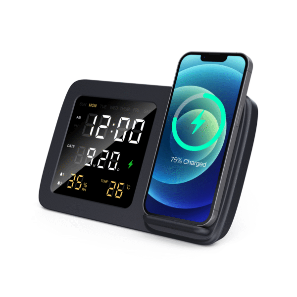 Light Up Logo Digital Alarm Clock and Calendar Wireless Charger Stand 15W With Temperature & Humidity Display and Phone Stand - Image 4