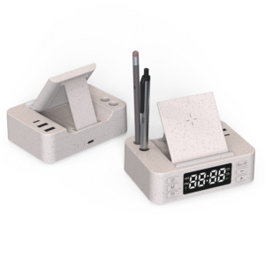 F10-WS  Wheat Straw Wireless Charging Desk Clock with Pen Holder and Wired Charging Output
