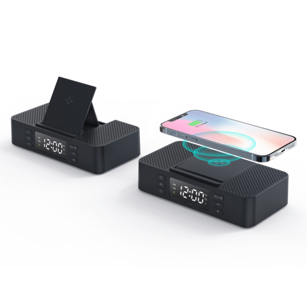 M36W Foldable Phone Stand 5W/15W Wireless Charging Dual Alarm and Snooze Mode Digital Alarm Clock Bluetooth Speaker with Dual Loudspeaker - Image 2