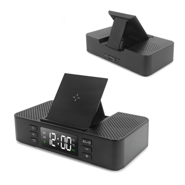 M36W Foldable Phone Stand 5W/15W Wireless Charging Dual Alarm and Snooze Mode Digital Alarm Clock Bluetooth Speaker with Dual Loudspeaker - Image 4