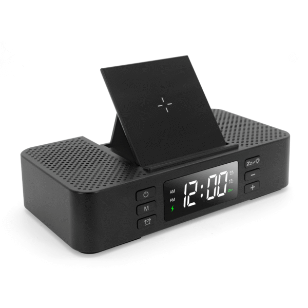M36W Foldable Phone Stand 5W/15W Wireless Charging Dual Alarm and Snooze Mode Digital Alarm Clock Bluetooth Speaker with Dual Loudspeaker - Image 7