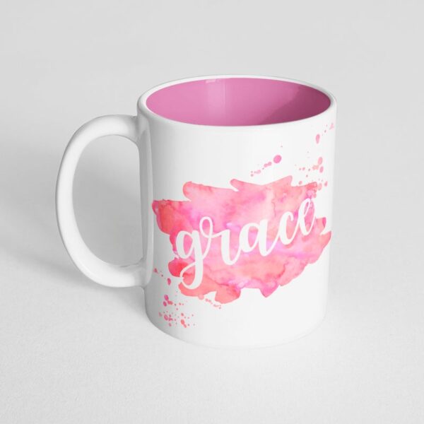 Your Name with a Pink Watercolor Design on a Pink Innercolor Mug