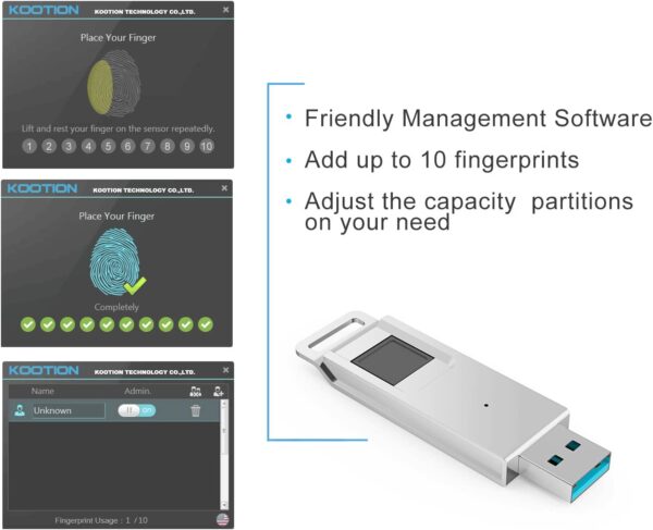 High Speed Recognition Fingerprint Encrypted Flash Drive USB 3.0, Silver - Image 3