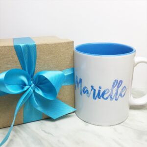 Your Name on a Light Blue Inner-color Mug + Special Gift Box and Blue Ribbon