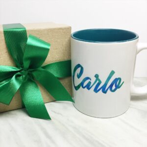 Your Name on a Dark Green Inner-color Mug + Special Gift Box and Green Ribbon