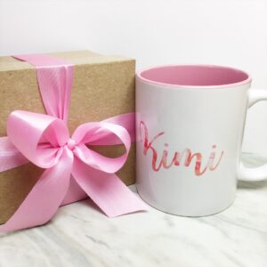 Your Name on a Pink Inner-color Mug + Special Gift Box and Pink Ribbon