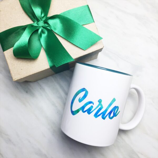 Your Name on a Dark Green Inner-color Mug + Special Gift Box and Green Ribbon - Image 2