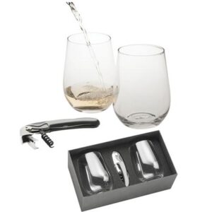 Engraved Stemless Wine Glass Gift Set of 2 with Bottle Opener